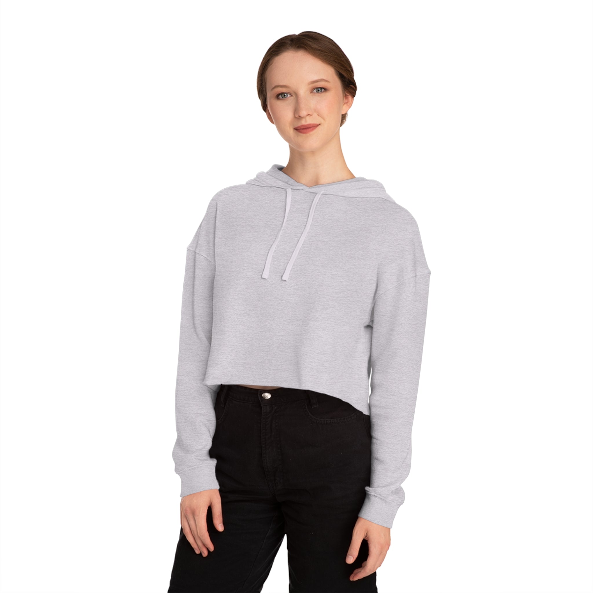 Model wearing grey heather cropped hoodie, front view, showing breathable cotton‑blend fabric and cropped fit.