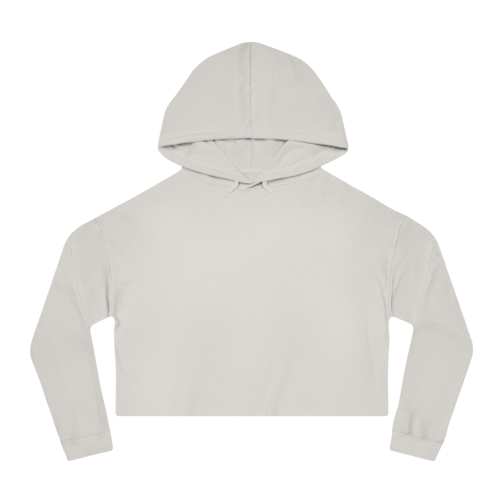 Flat lay of bone cropped hoodie, front view, showing adjustable hood, ribbed cuffs, and relaxed cropped silhouette.