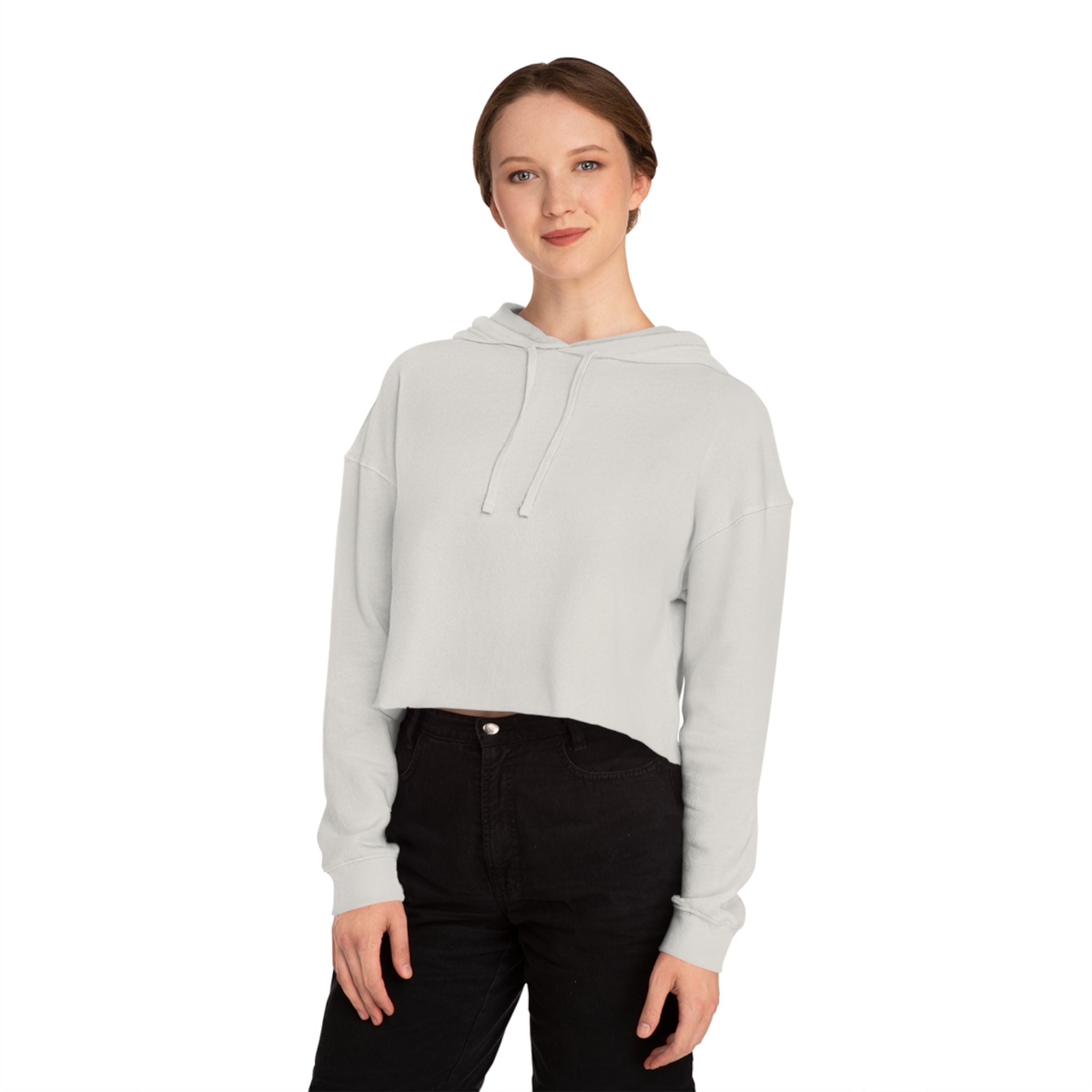 Model wearing bone cropped hoodie, front view, highlighting soft pastel tone and relaxed cropped silhouette.