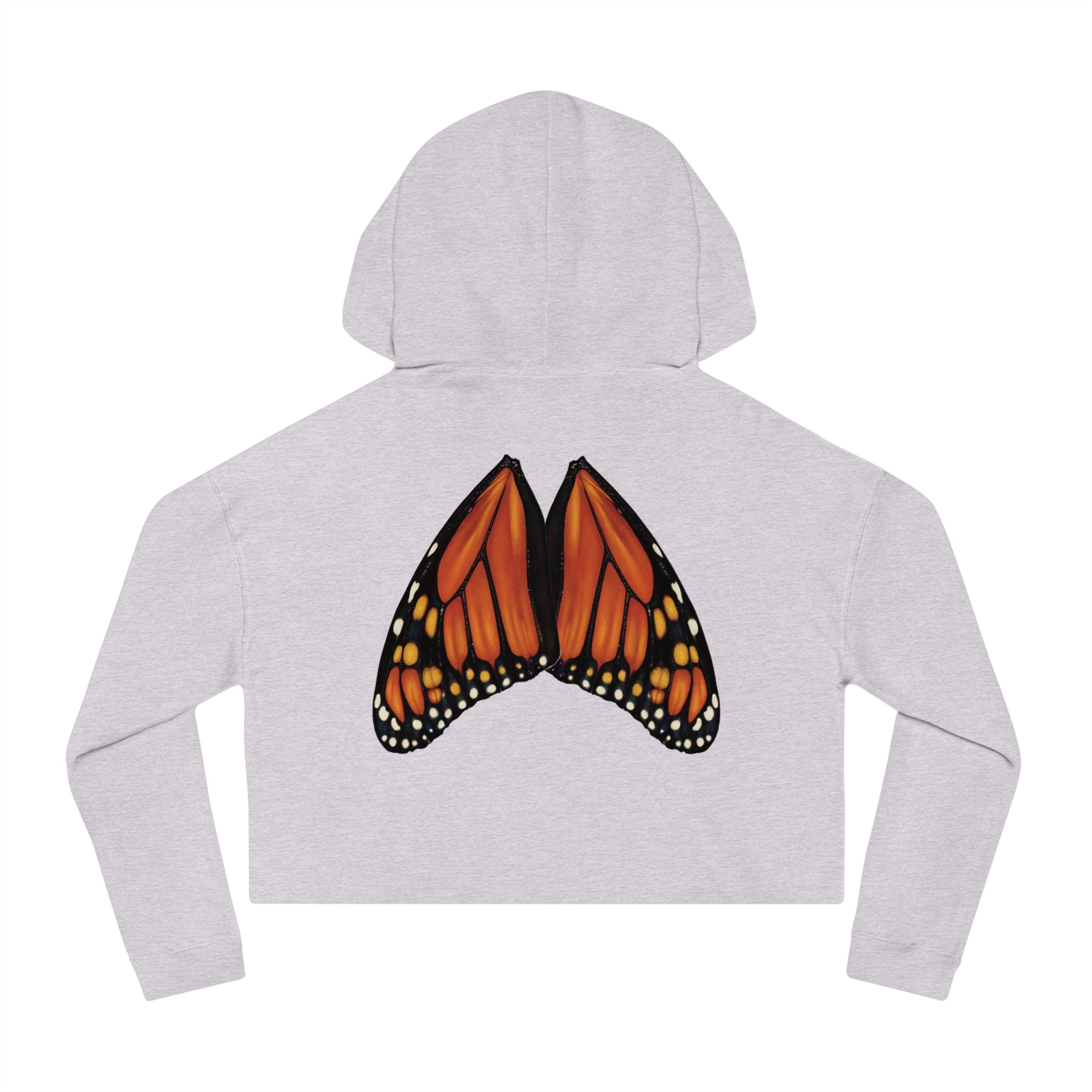 Flat lay of grey heather cropped hoodie featuring realistic monarch butterfly wings printed across the back panel.