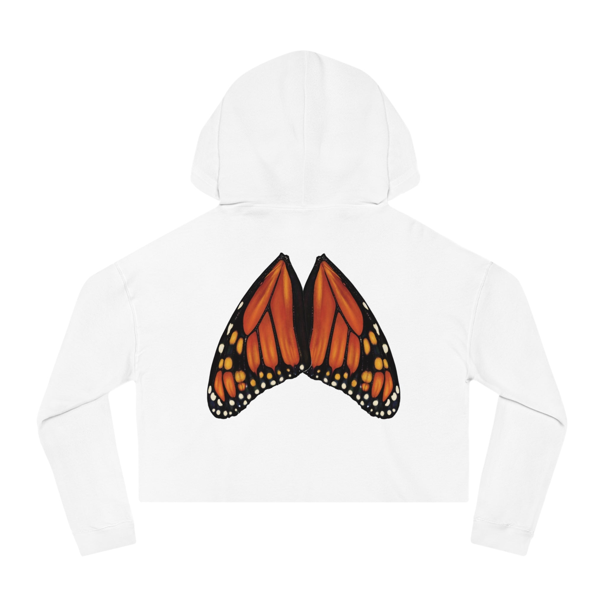 Flat lay of white cropped hoodie showing full‑scale monarch butterfly wings printed naturally across the back.