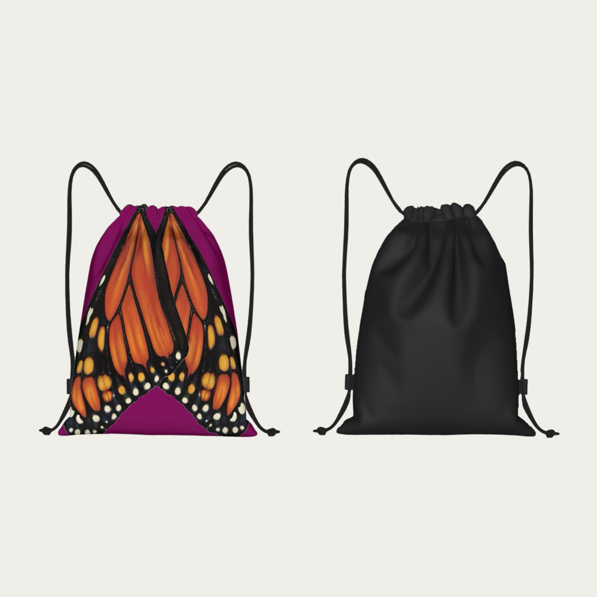 Floating front and back view of plum drawstring backpack displaying detailed monarch butterfly wings across the full back surface.