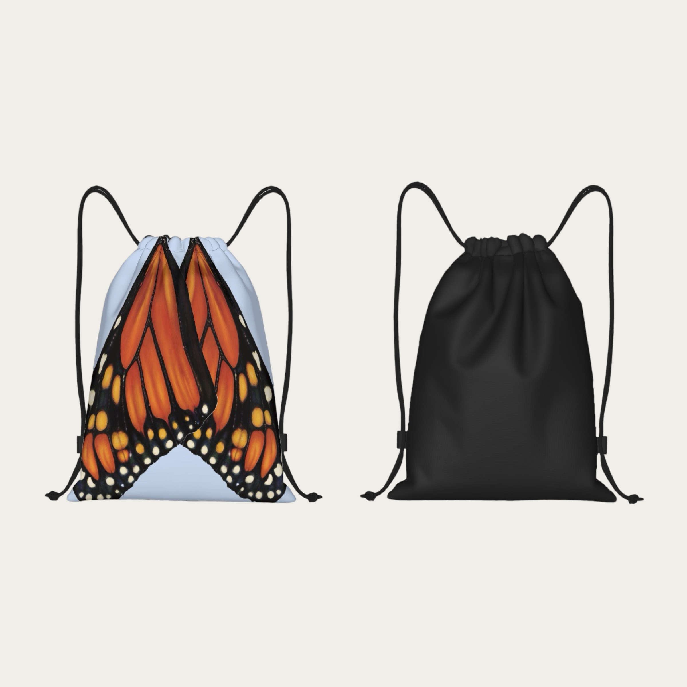 Floating back view of sky‑blue drawstring backpack displaying detailed monarch butterfly wings across the full back surface.