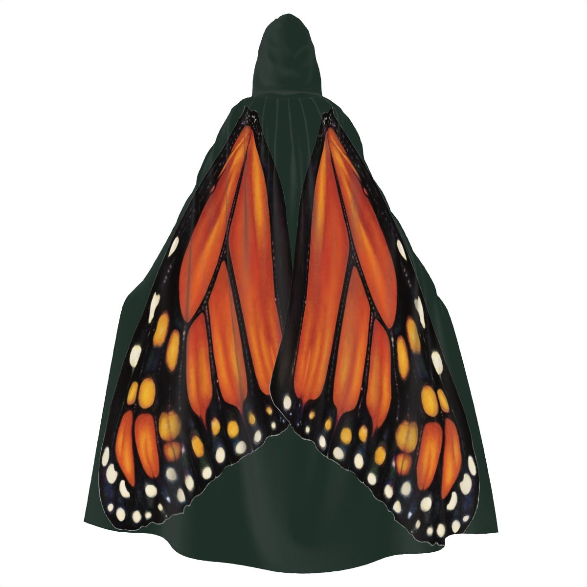 Model standing with back facing camera wearing hunter green hooded cape showing monarch butterfly wings spread wide across the back.