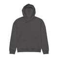 Front flat lay of anthracite unisex hoodie with hood, drawstrings, and organic cotton silhouette visible.