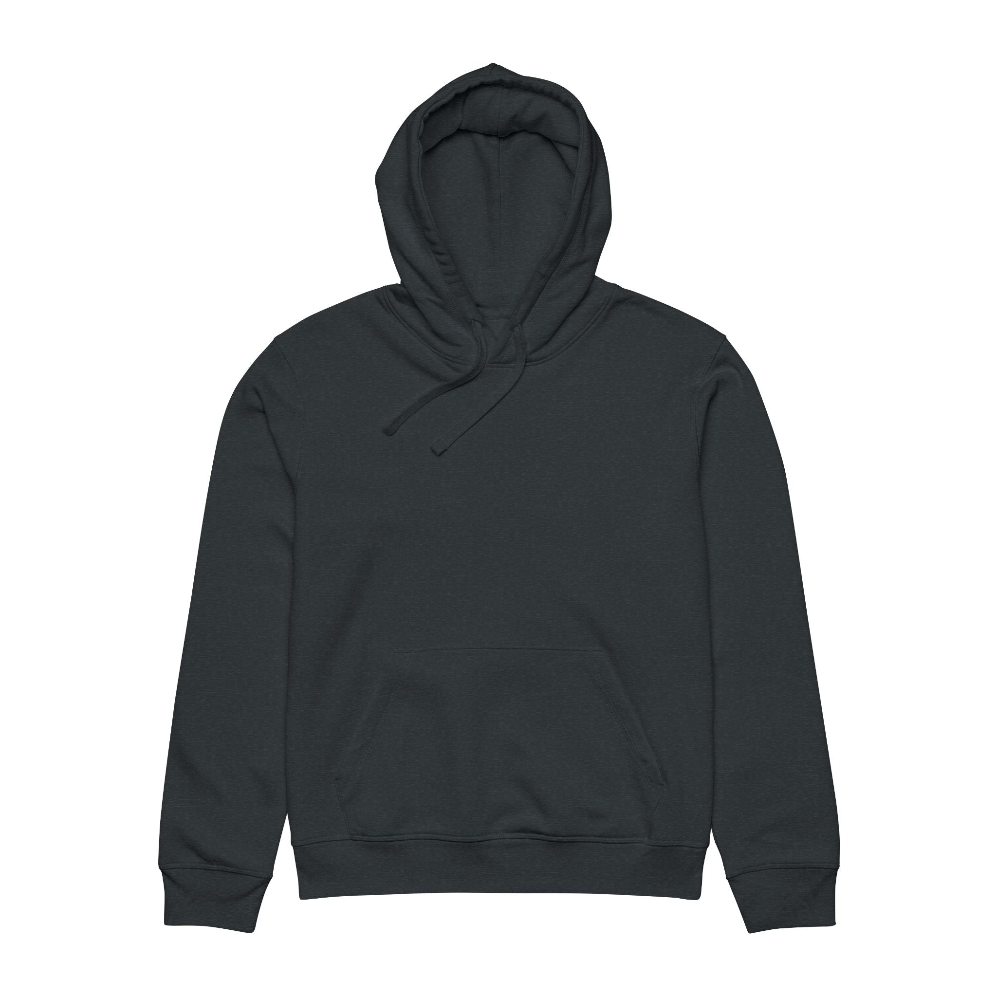 Front flat lay of dark heather grey unisex hoodie showing hood, drawstrings, and heathered fabric texture.