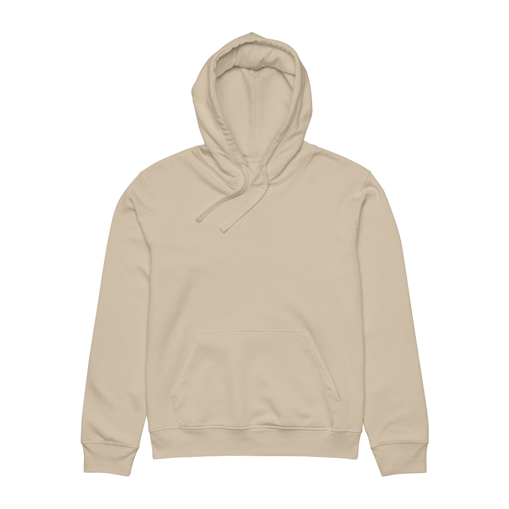 Front flat lay of desert dust unisex hoodie showing hood, drawstrings, and organic cotton fabric surface.