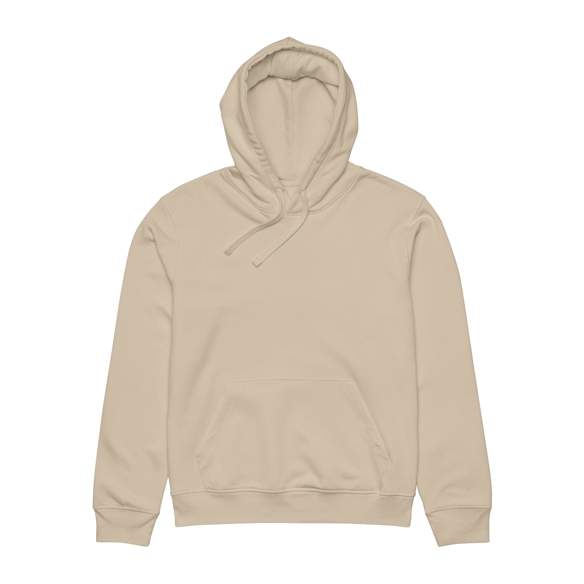 Front flat lay of desert dust unisex hoodie showing hood, drawstrings, and organic cotton fabric surface.