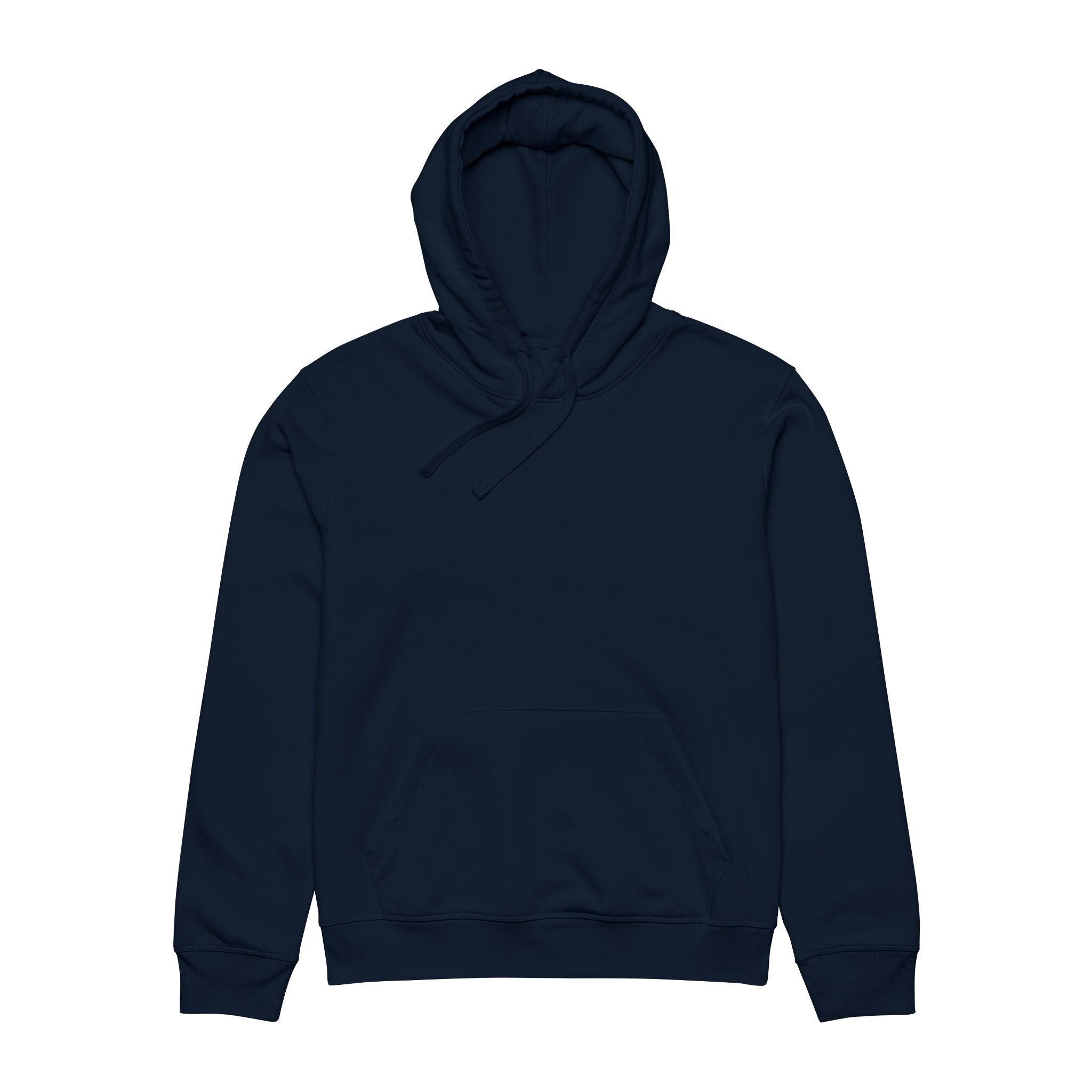 Front flat lay of french navy unisex hoodie with hood, drawstrings, and clean front panel.