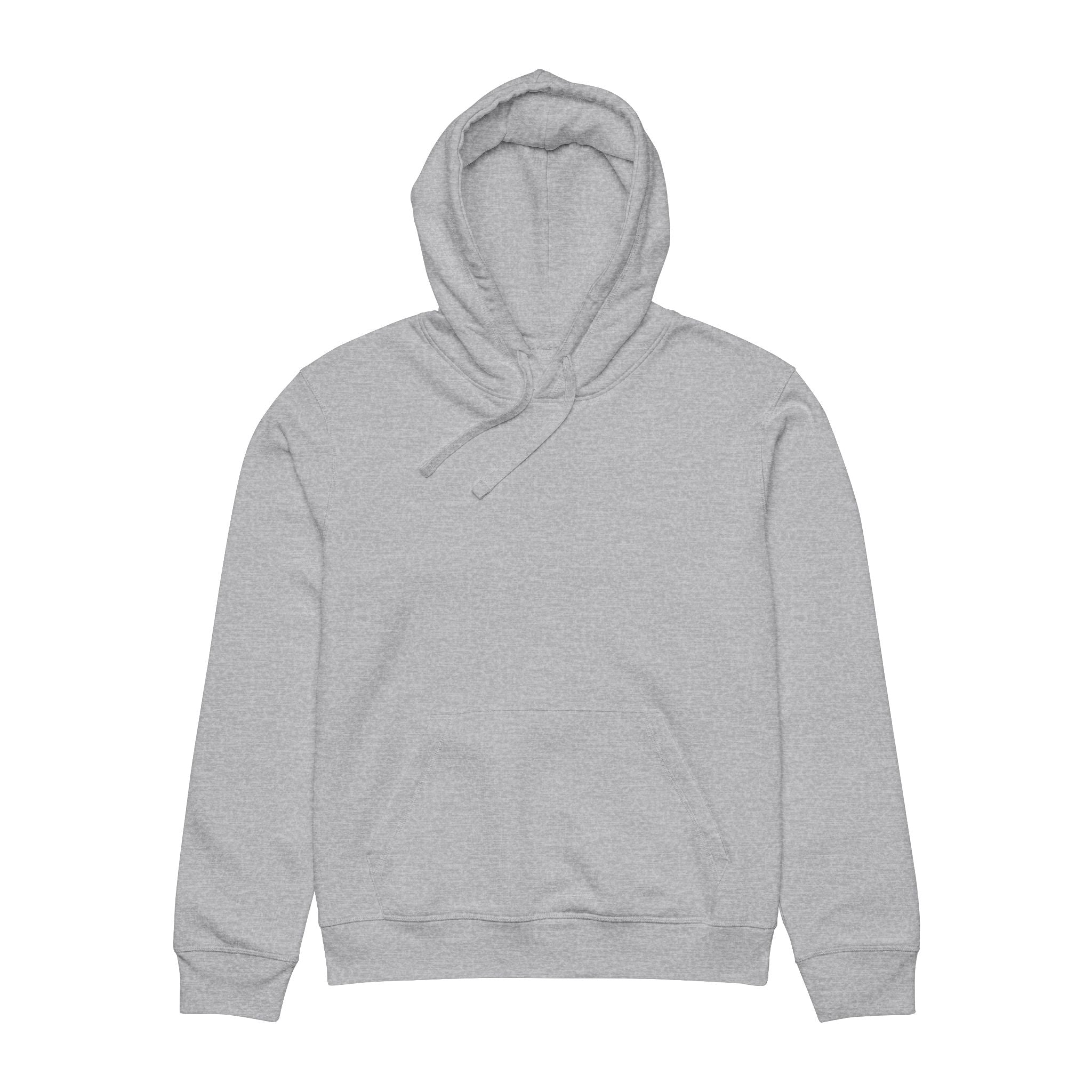 Front flat lay of heather grey unisex hoodie showing hood, drawstrings, and heathered organic cotton texture.