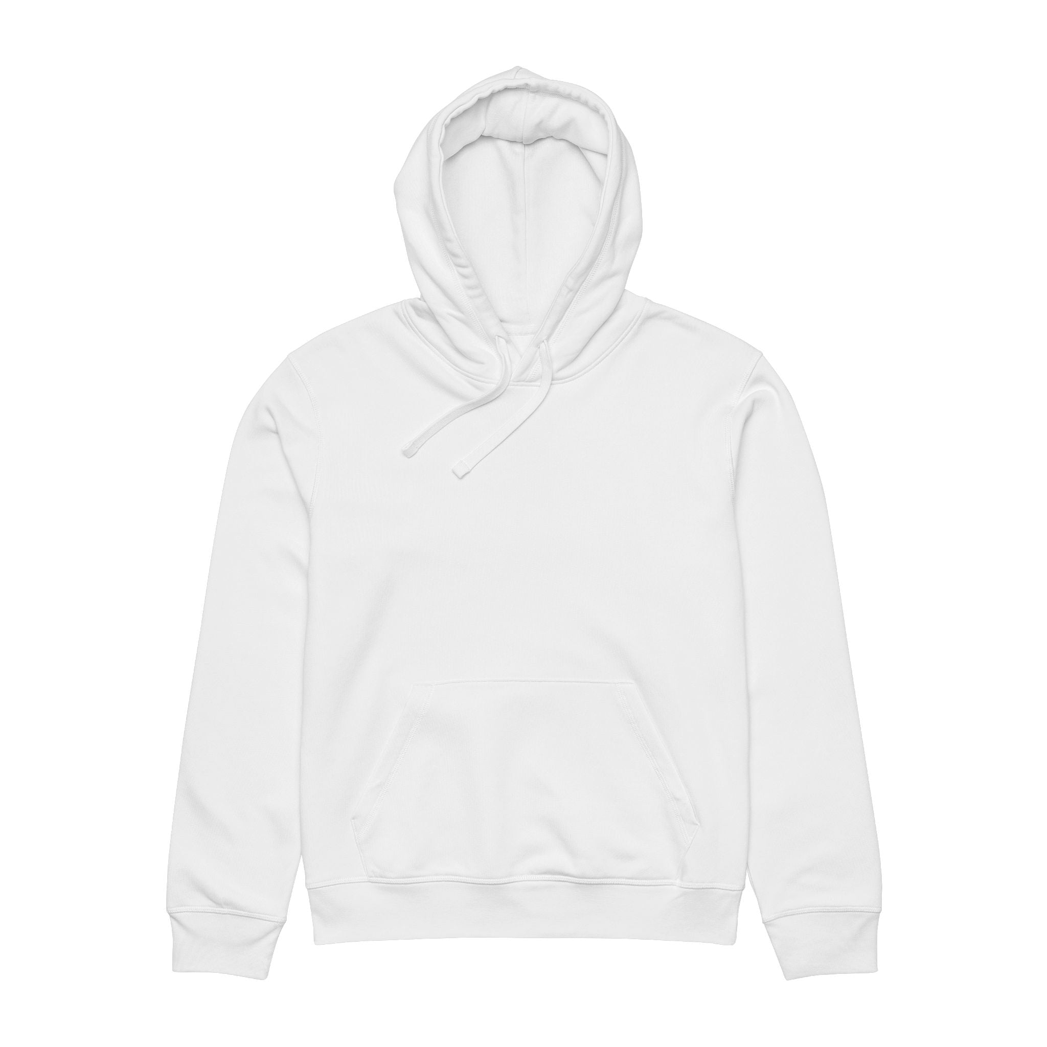 Front flat lay of white unisex hoodie with hood, drawstrings, and smooth organic cotton front panel.