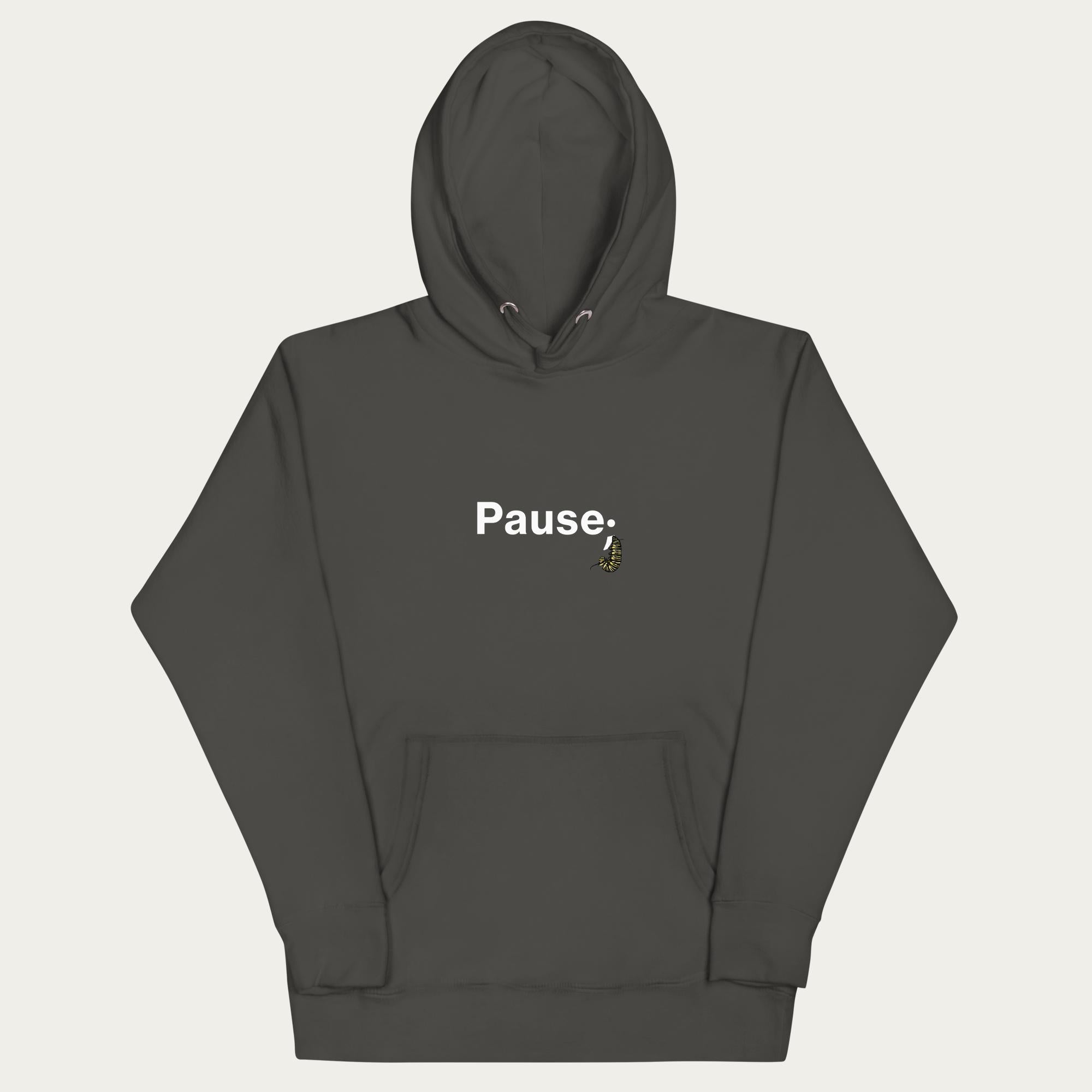 Front flat lay of vintage black hoodie with “Pause;” text and monarch caterpillar semicolon graphic centered on the chest, hood and pocket visible.