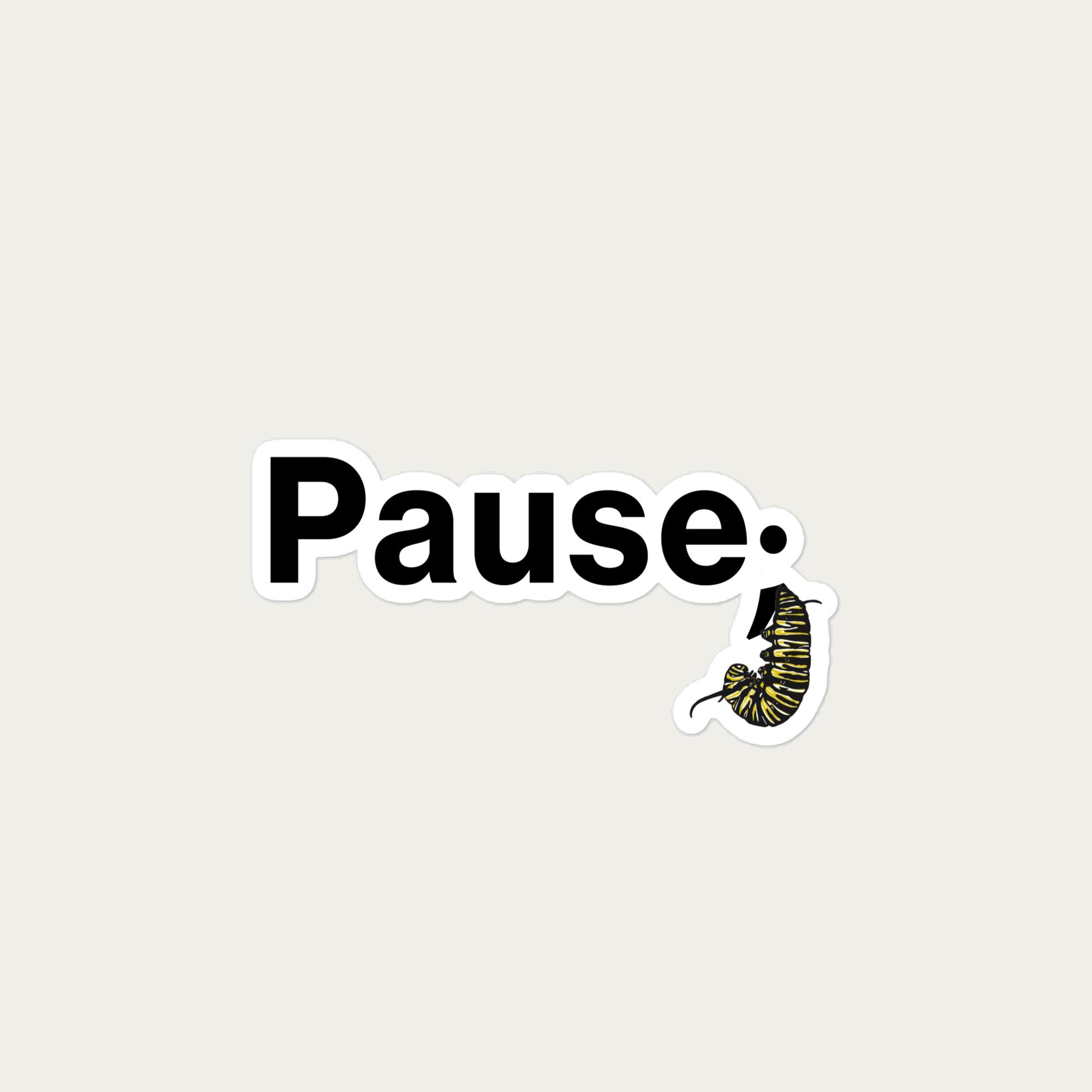 6×8 inch waterproof sticker on bone background showing detailed monarch caterpillar shaped into a semicolon.