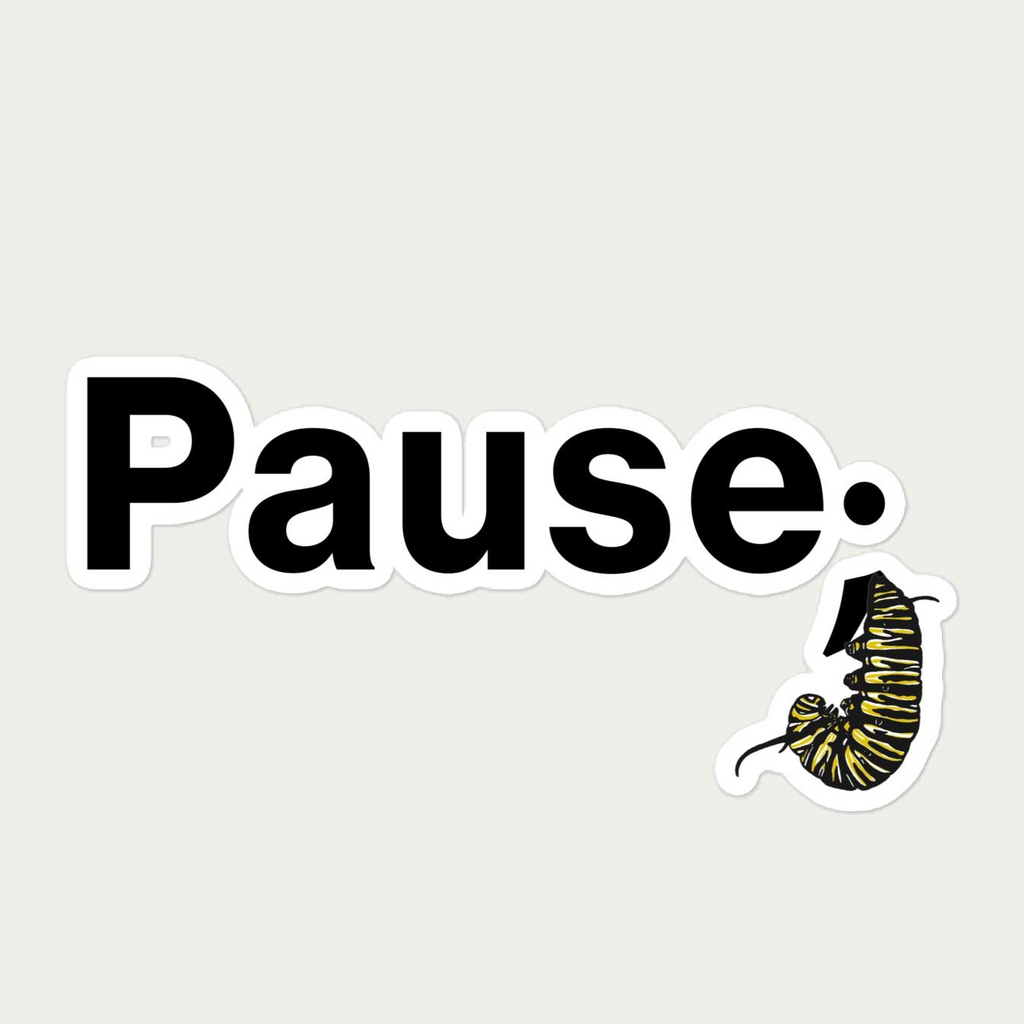 Close‑up crop of sticker showing detailed monarch caterpillar illustration forming a semicolon shape on matte vinyl surface.