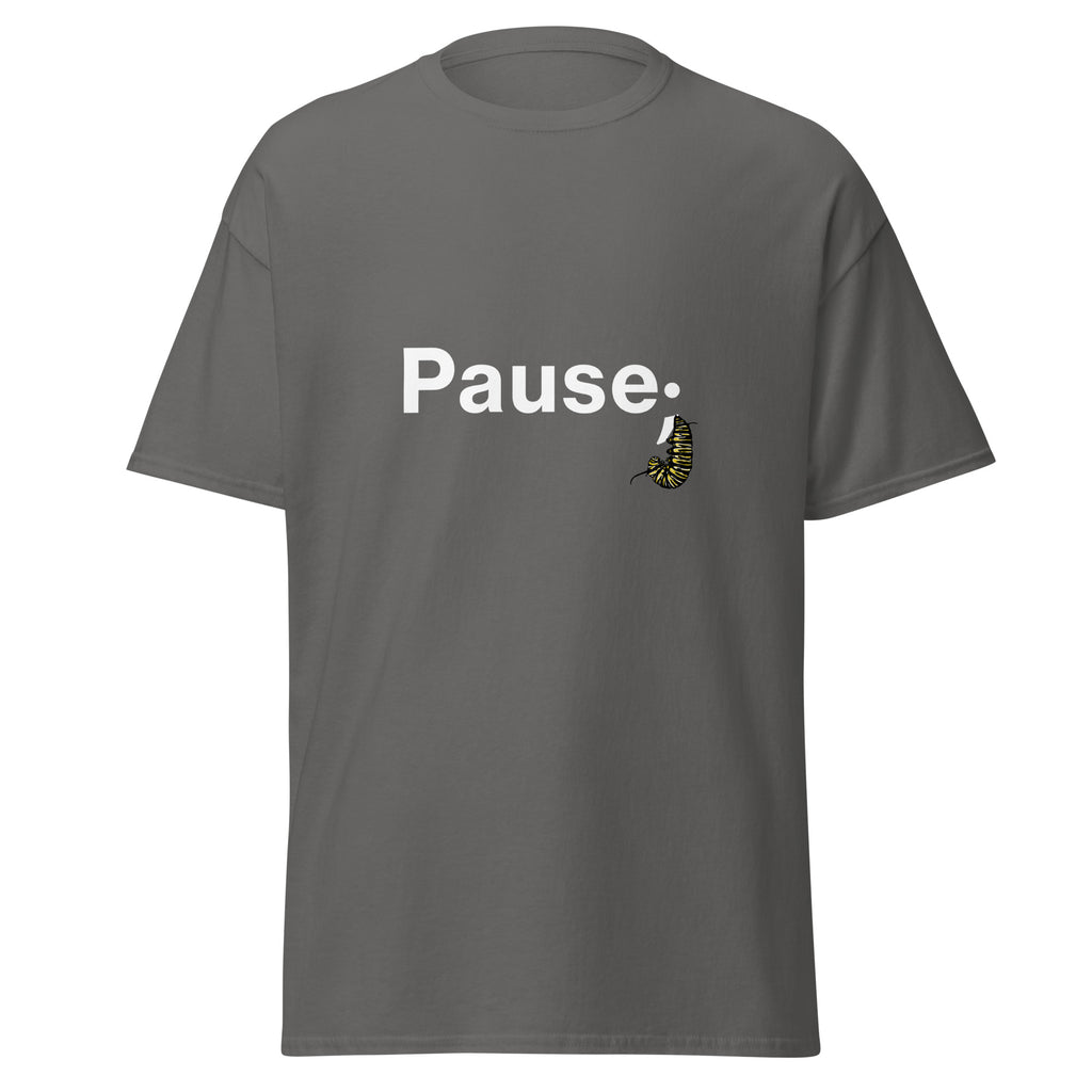 Floating front view of charcoal unisex tee with monarch caterpillar forming a semicolon graphic on the front.