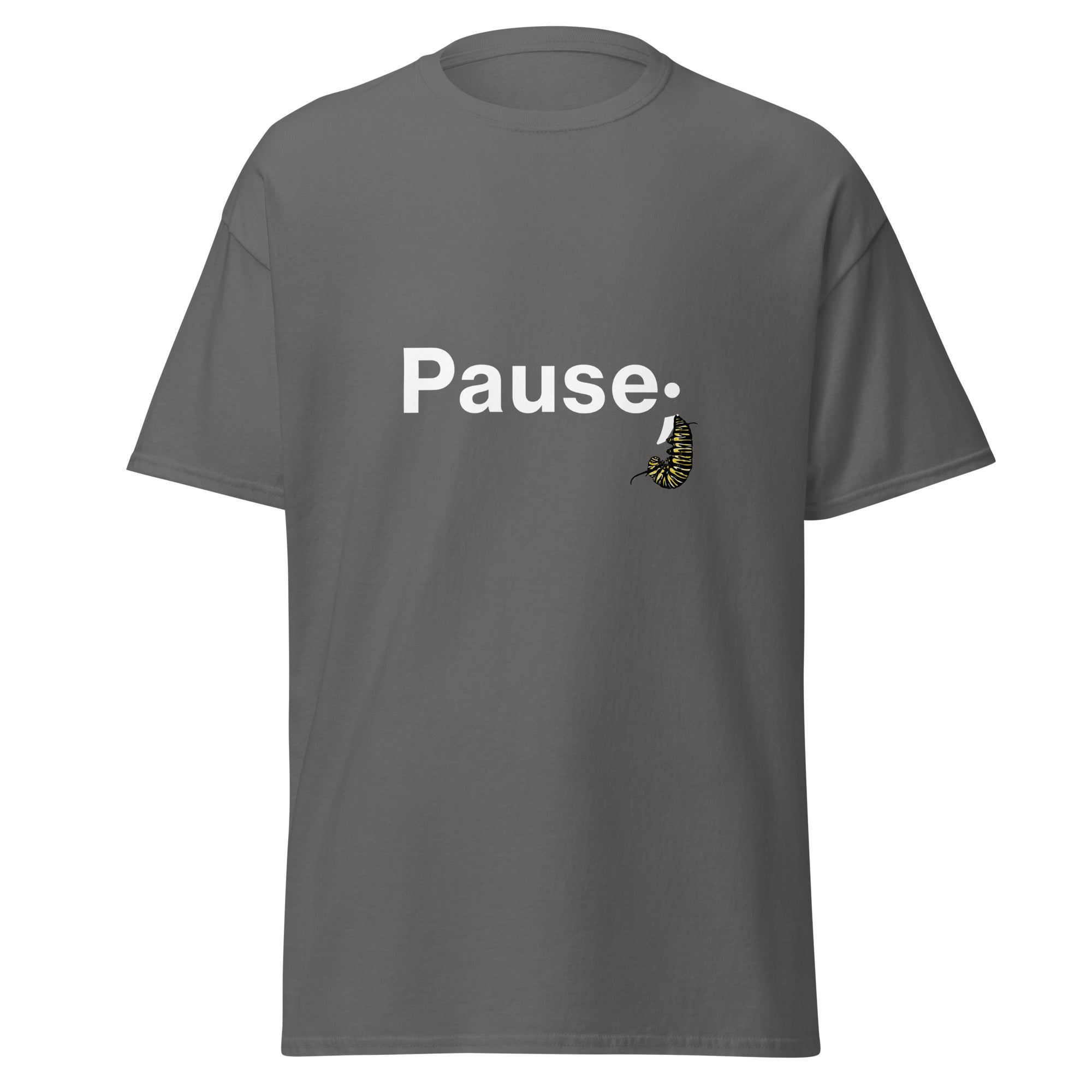 Floating front view of charcoal unisex tee with monarch caterpillar forming a semicolon graphic on the front.