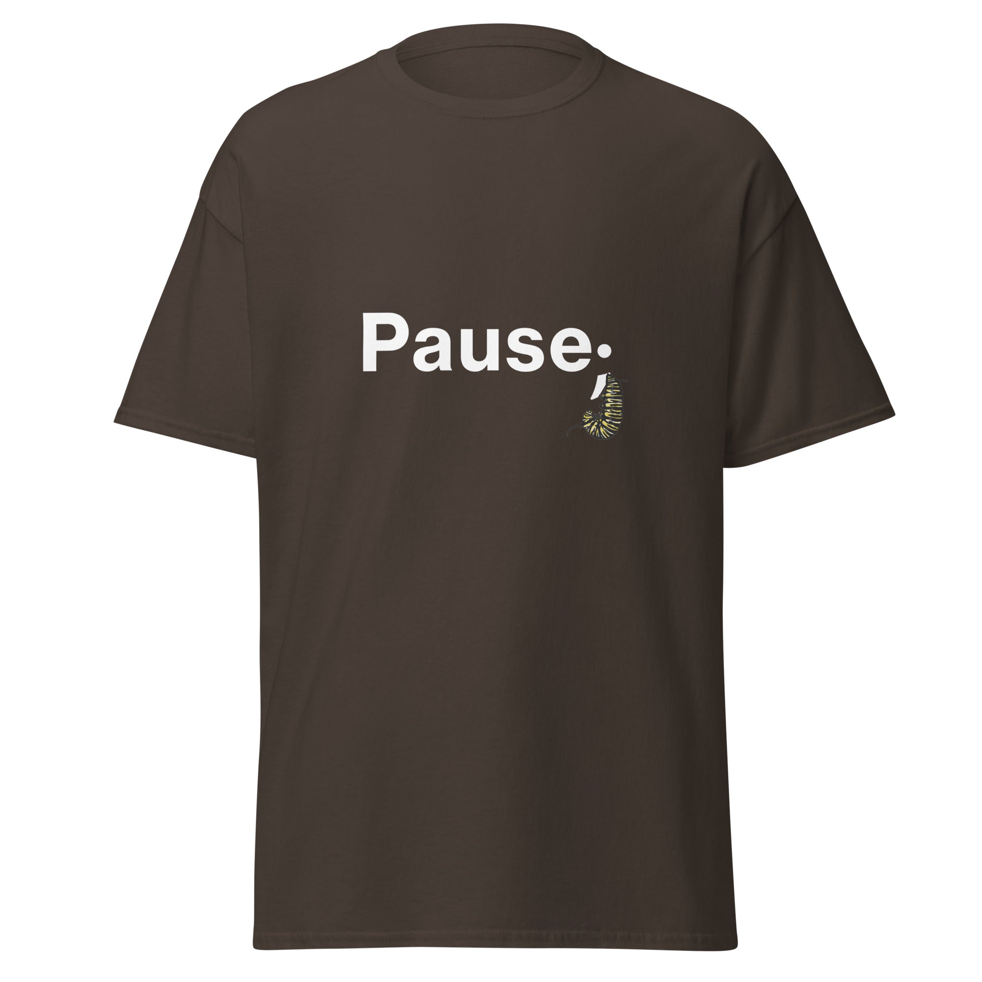 Floating front view of dark chocolate unisex tee displaying the monarch caterpillar semicolon design centered on the chest.