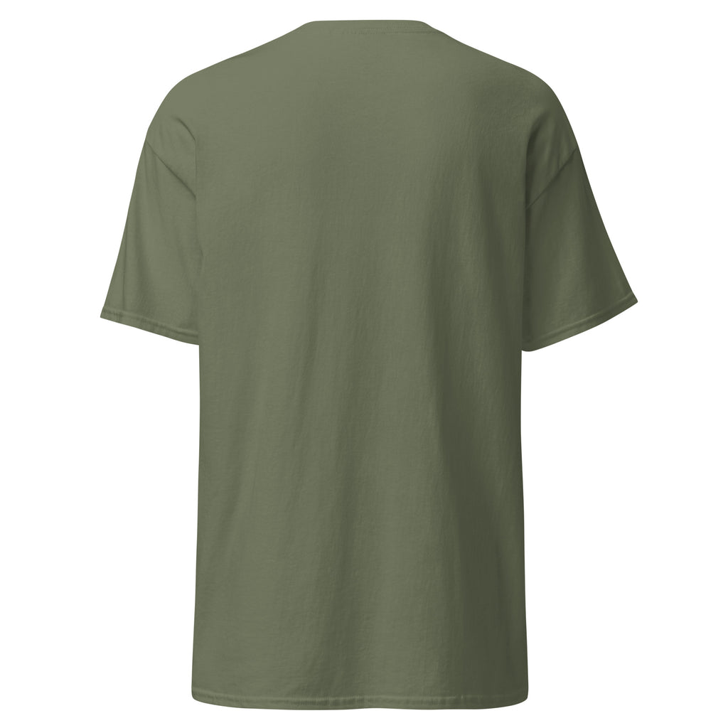 Back floating view of military green unisex tee showing plain back panel with no design.