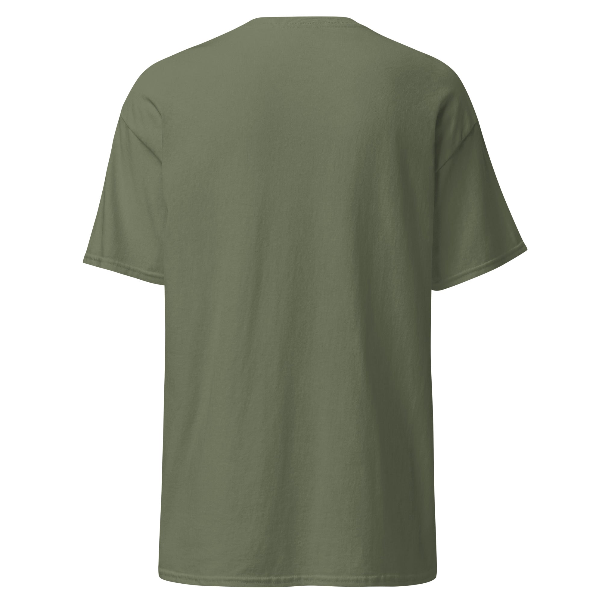 Back floating view of military green unisex tee showing plain back panel with no design.