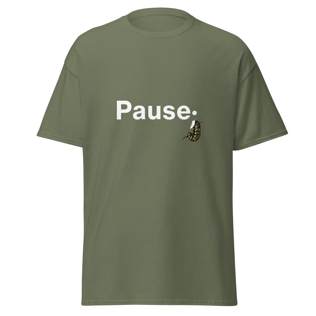 Floating front view of military green unisex tee showing the monarch caterpillar semicolon illustration.