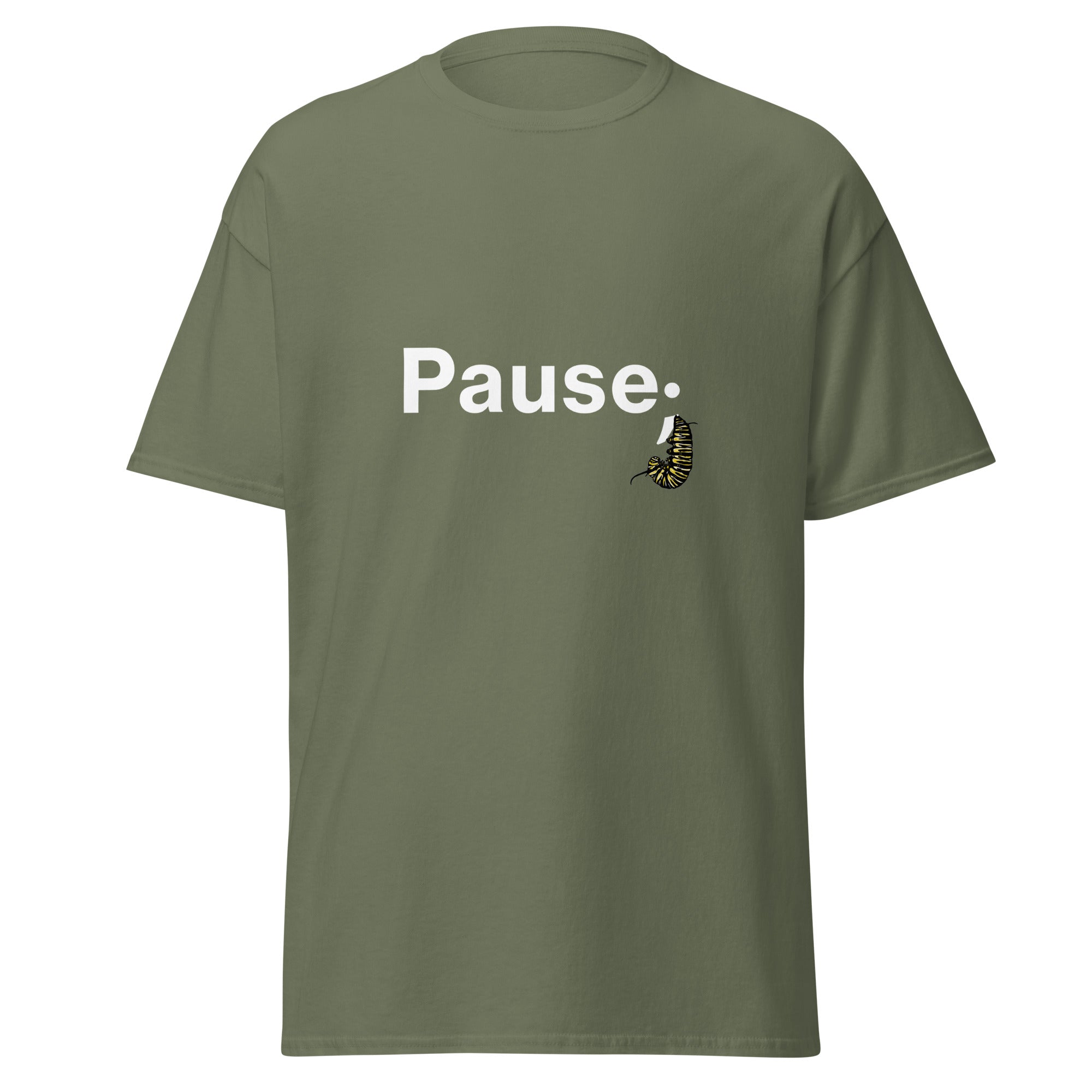 Floating front view of military green unisex tee showing the monarch caterpillar semicolon illustration.