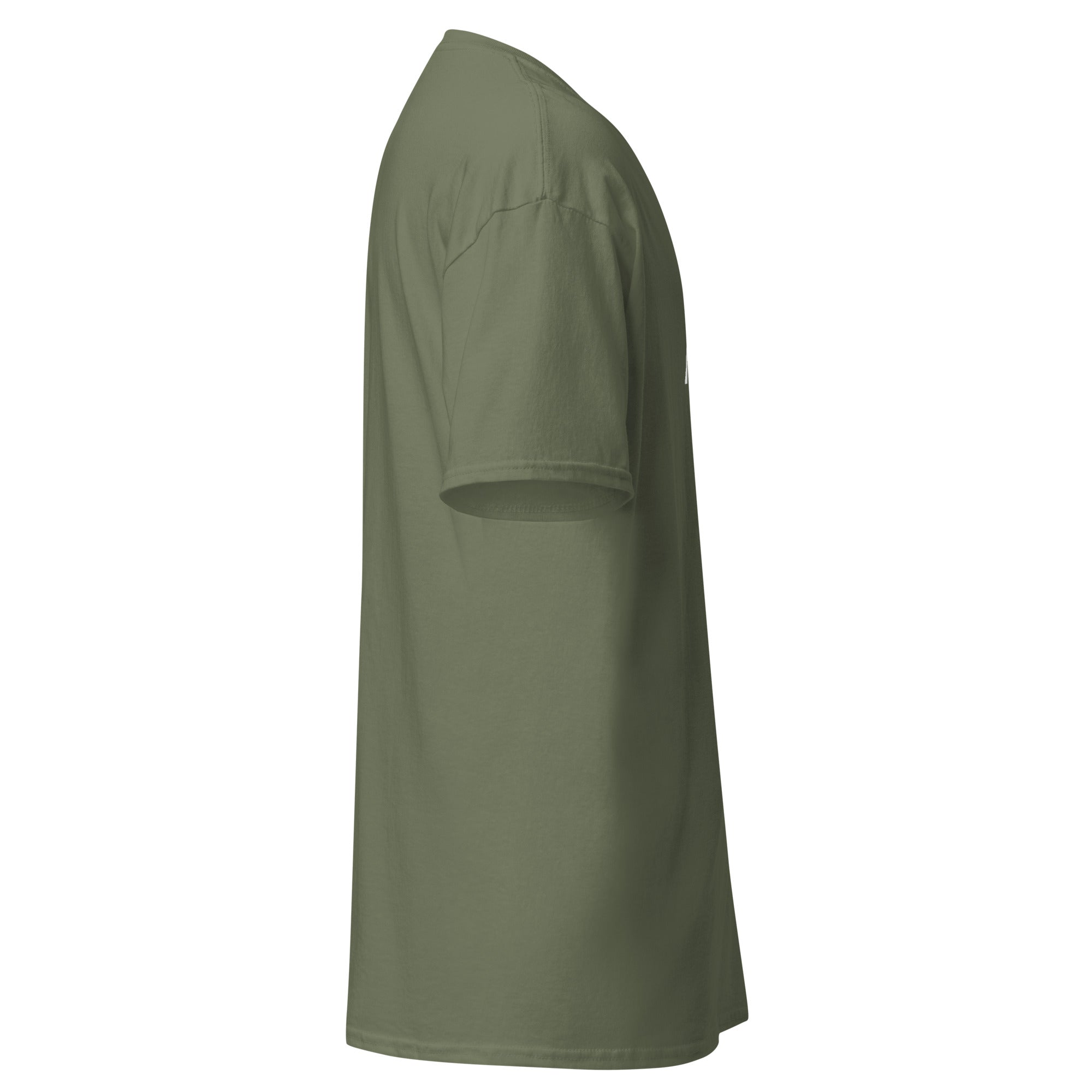 Side floating view of military green unisex tee showing sleeve shape and fit; front design partially visible.