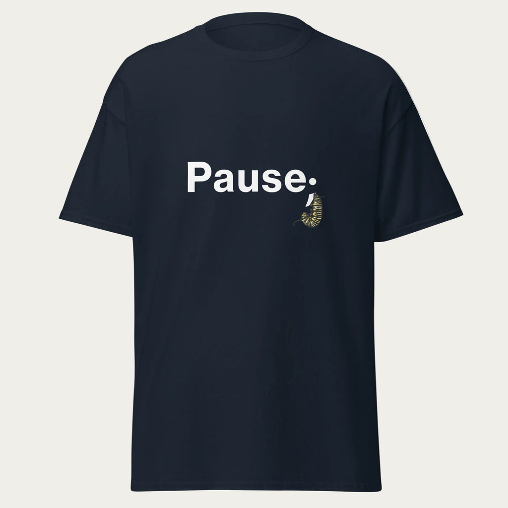 Floating front view of navy unisex tee showing the “Pause;” design with a monarch caterpillar forming the semicolon shape.