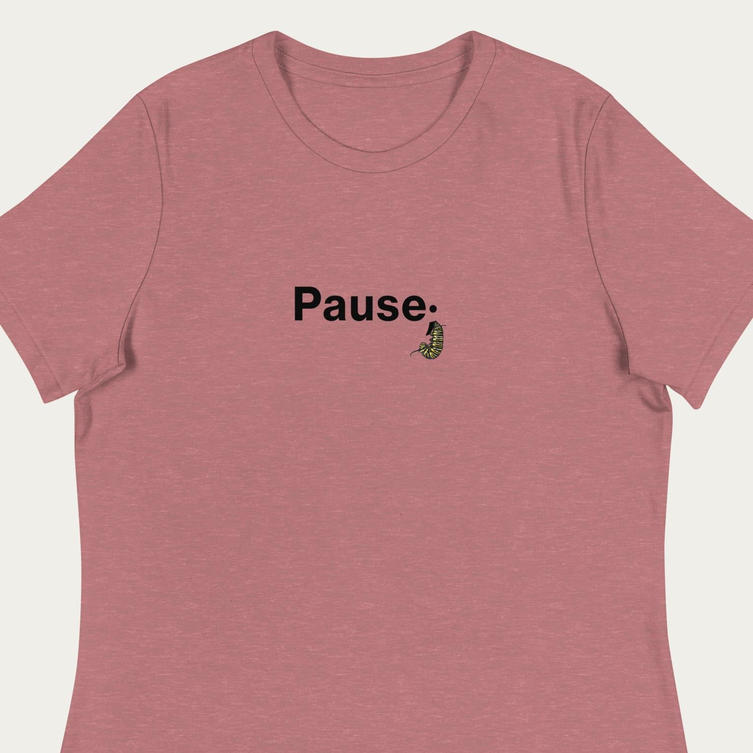 Close‑up crop of heather mauve t‑shirt showing detailed monarch caterpillar illustration forming the semicolon in the “Pause;” graphic.