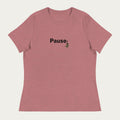 Front flat lay of heather mauve women’s relaxed t‑shirt showing the “Pause;” design with monarch caterpillar curled into a semicolon on the chest.