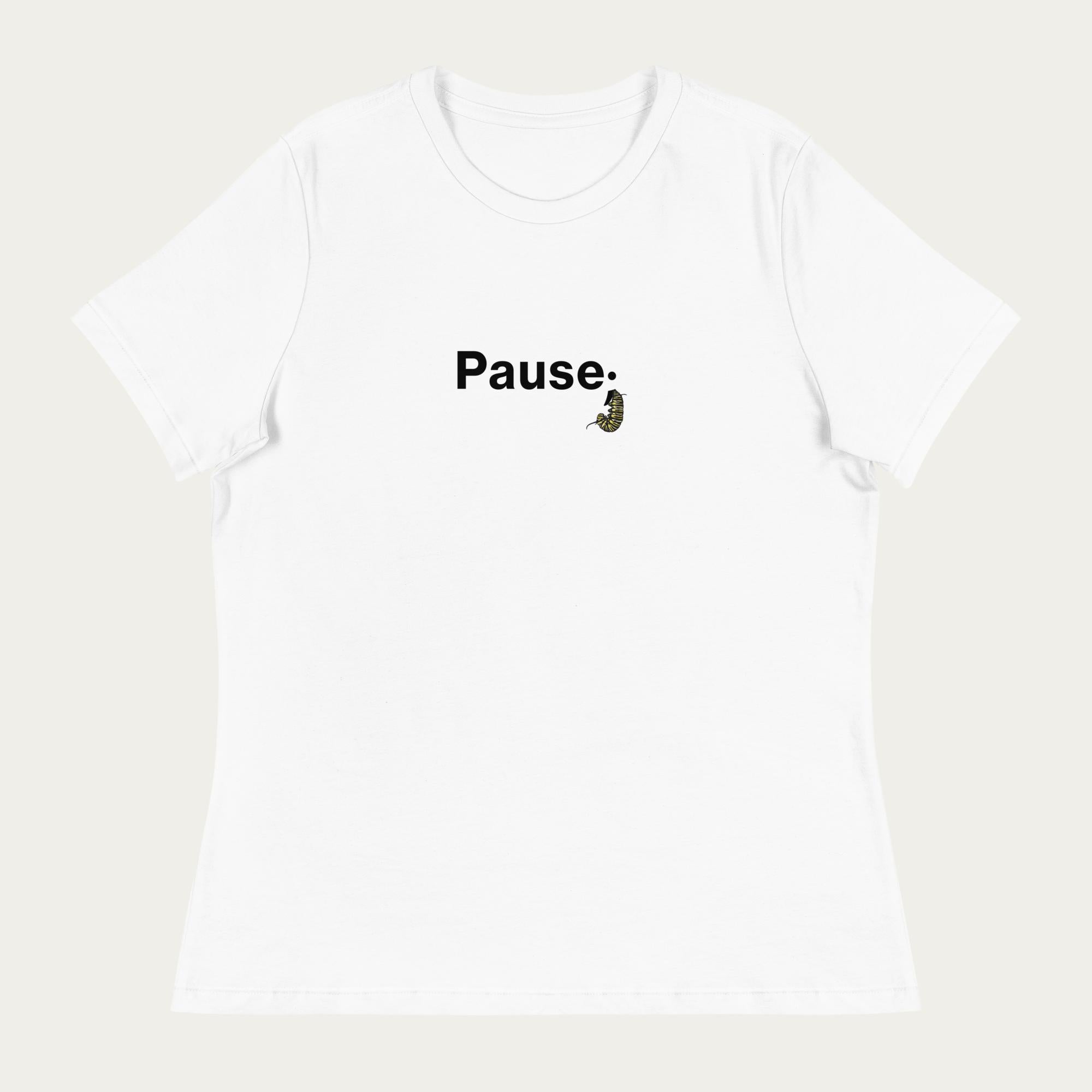 Front flat lay of white women’s relaxed t‑shirt featuring monarch caterpillar semicolon artwork centered on the chest.