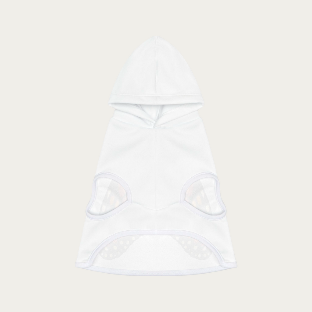 Flat lay of white pet hoodie showing the underside with leg openings, hem shape, and soft fabric construction.