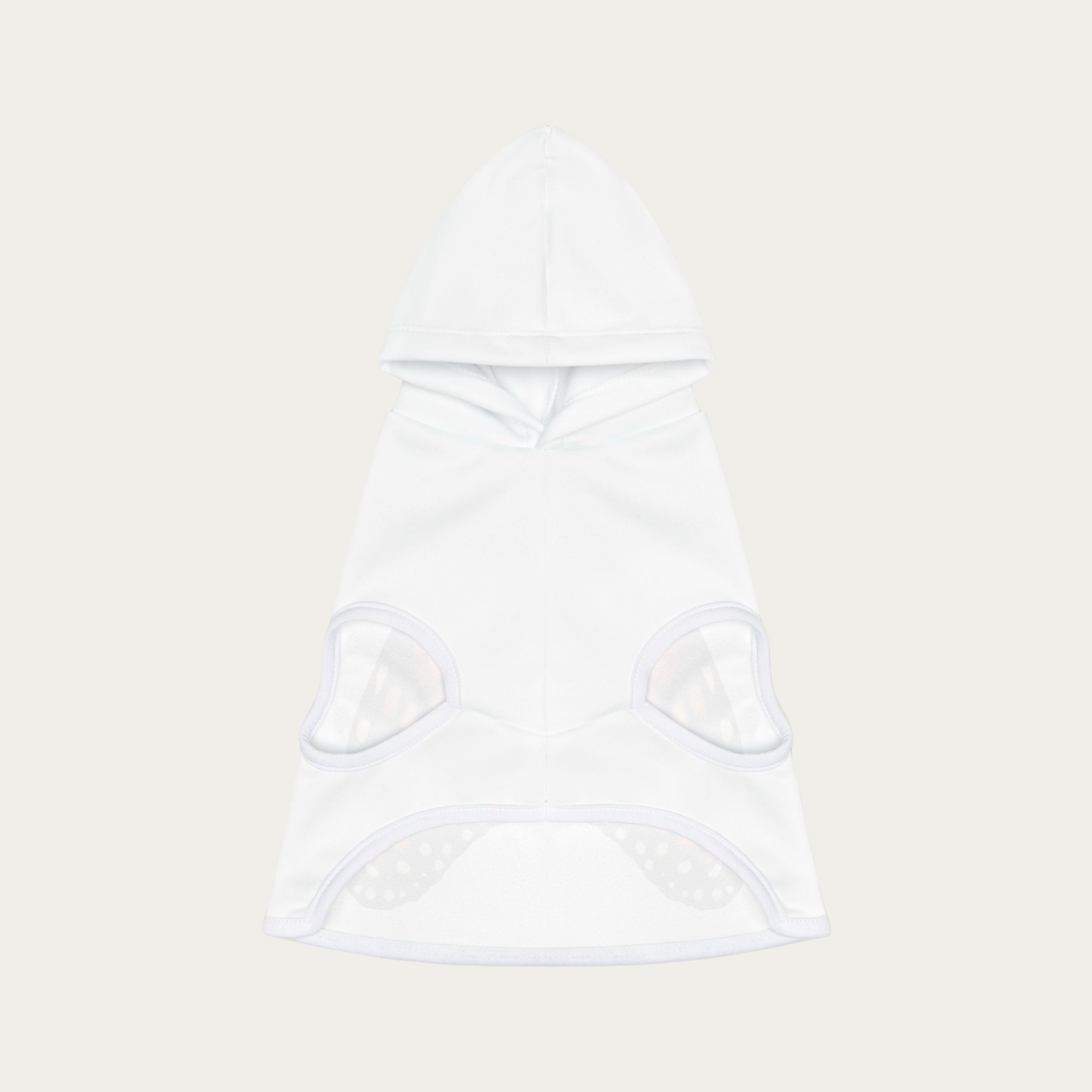 Flat lay of white pet hoodie showing the underside with leg openings, hem shape, and soft fabric construction.