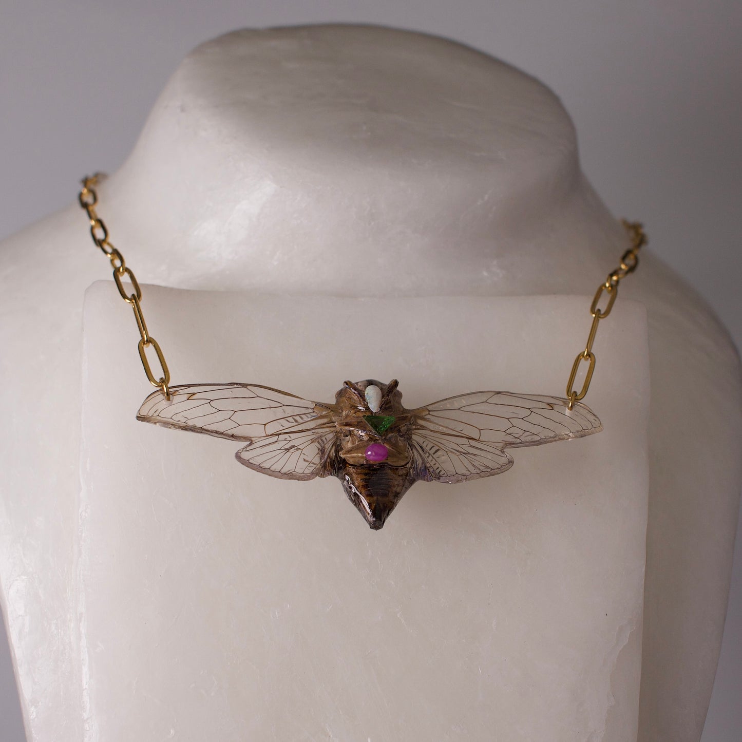 Real cicada necklace Dog Day Cicadas gold paperclip chain opal emerald pink ruby on neck form
