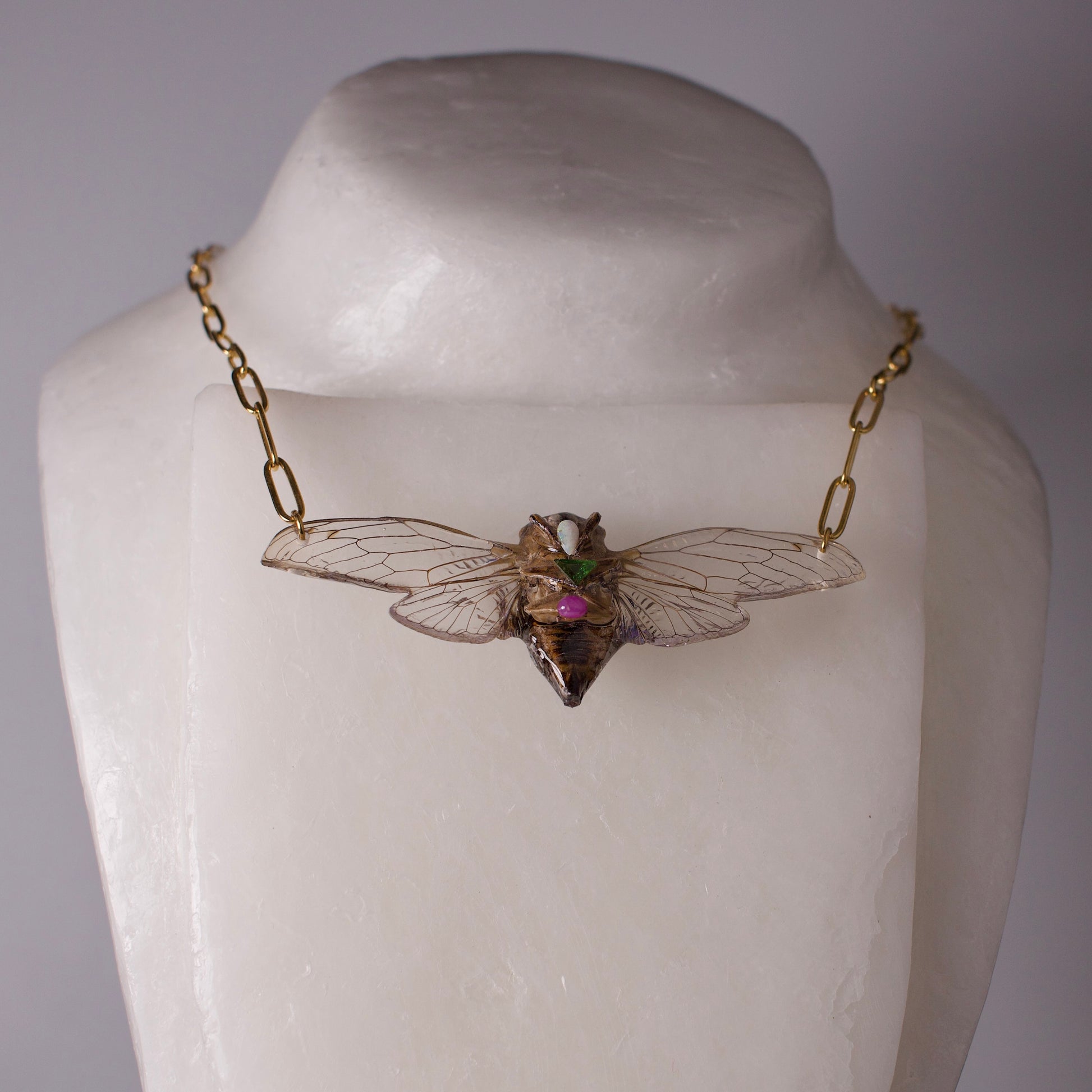 Real cicada necklace Dog Day Cicadas gold paperclip chain opal emerald ruby on mannequin