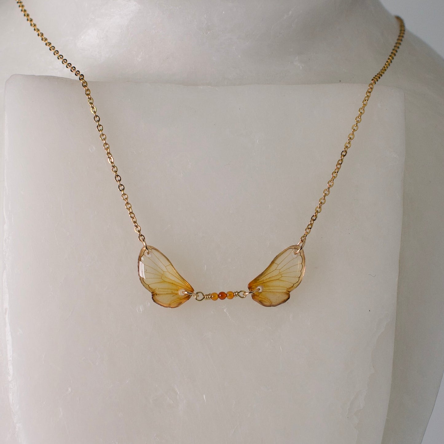 Real cicada wing necklace brood cicadas fire agate gold chain on neck form