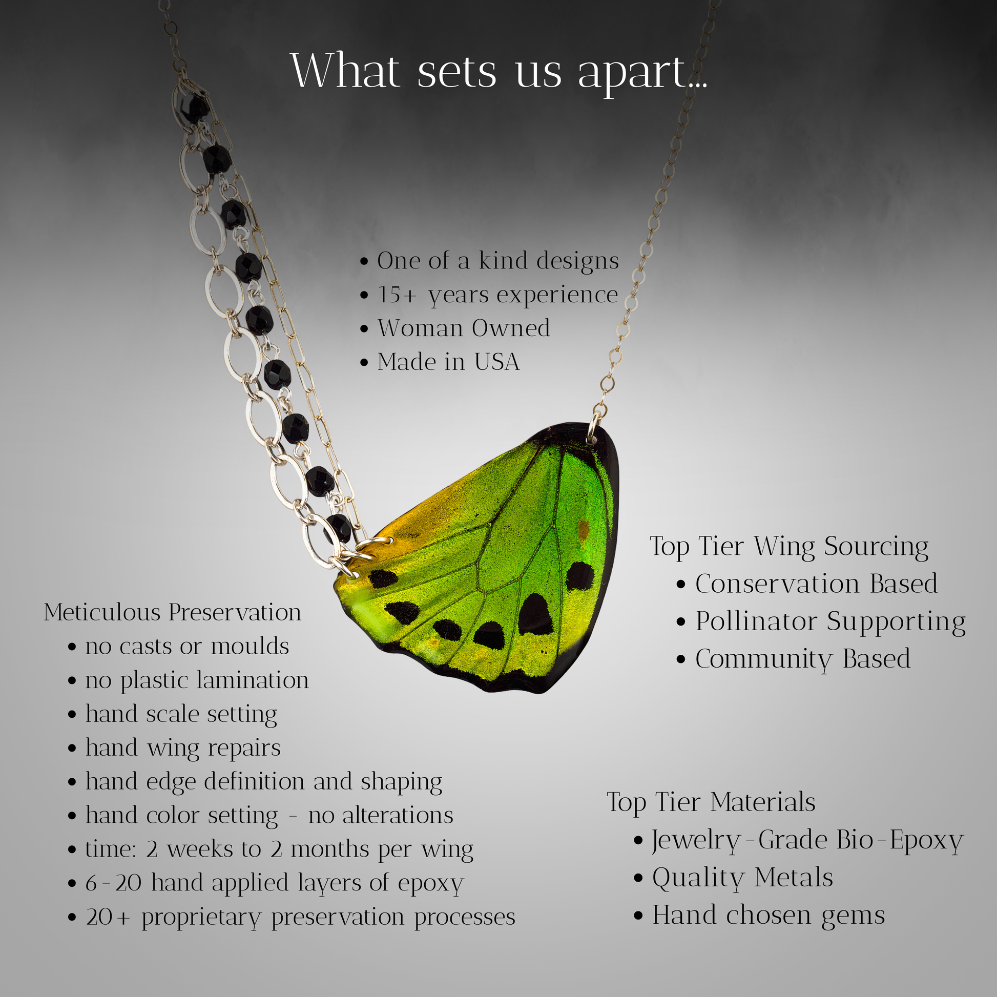 What sets us apart as an artist green real butterfly wing necklace text highlighting what makes Isms work singular informational text