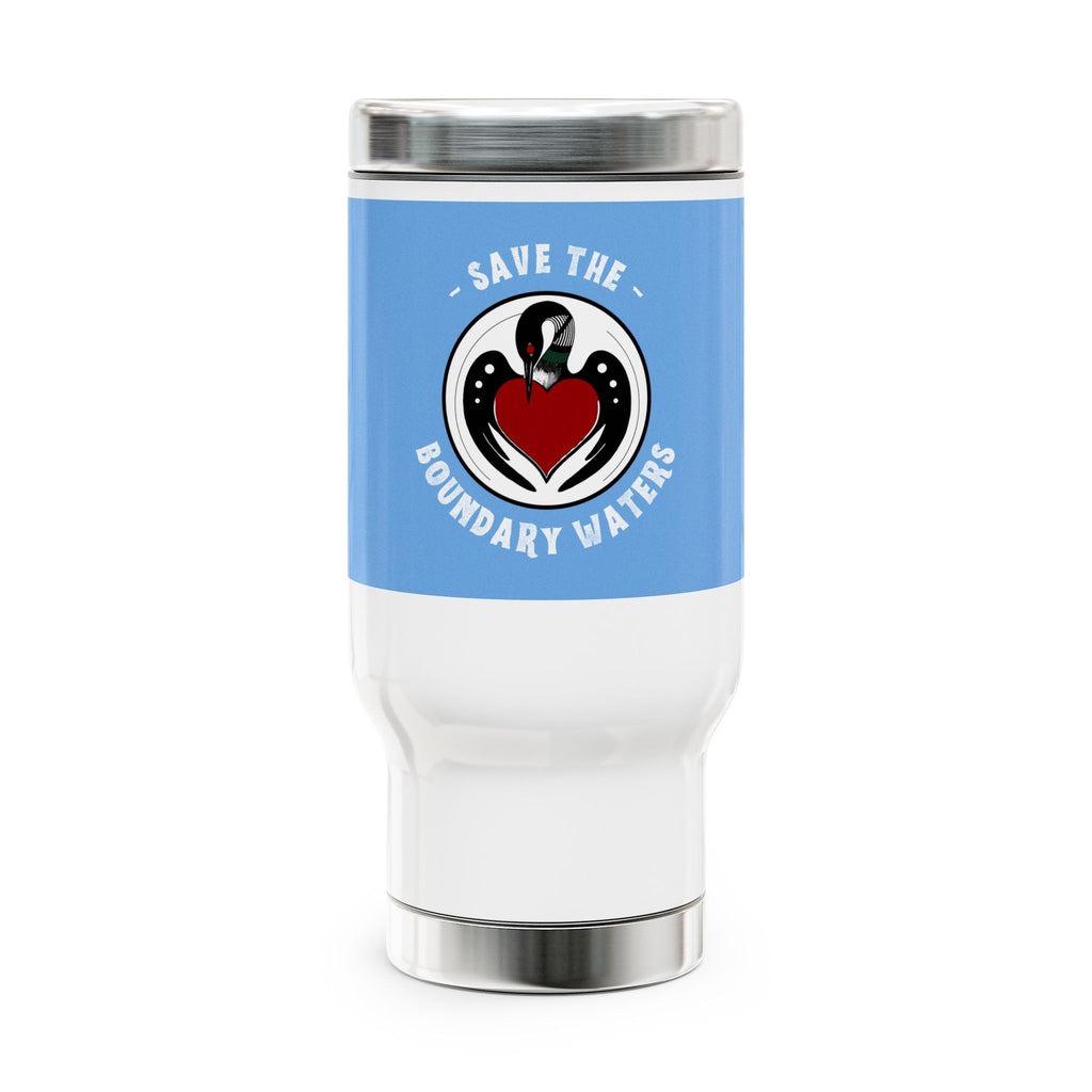 White 14 oz stainless travel mug Loon holding a red heart inside a circular Save the Boundary Waters logo 