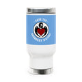 White 14 oz stainless travel mug Loon holding a red heart inside a circular Save the Boundary Waters logo 