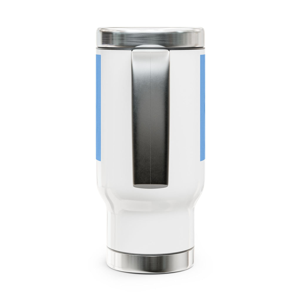 White 14 oz Handle view of white travel mug showing full wraparound blue loon design.