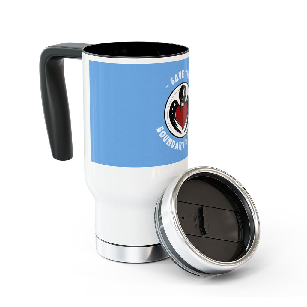 White 14 oz stainless steel travel mug Minnesota artist illustrated side view BWCA loon white background