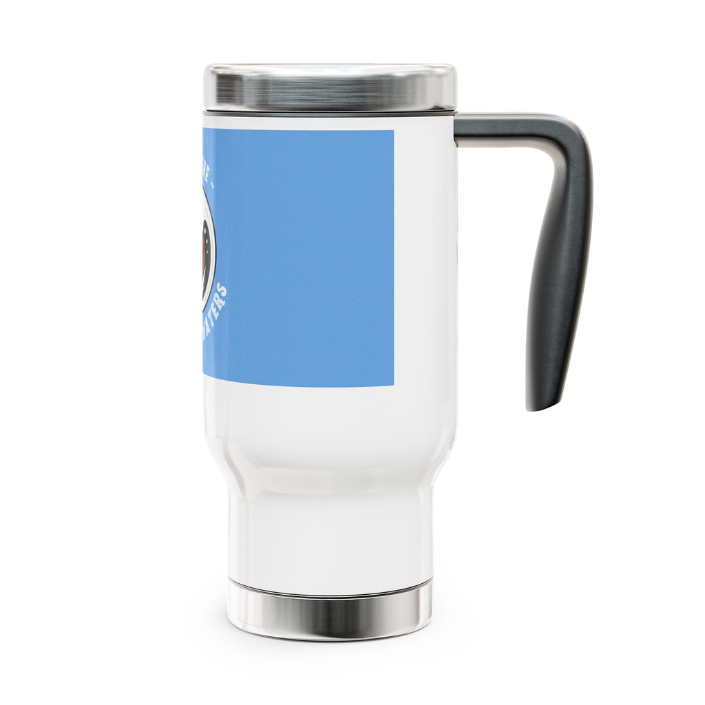 Travel mug with circular loon artwork on blue band over white mug surface, silver lid handle and bottom, side view.
