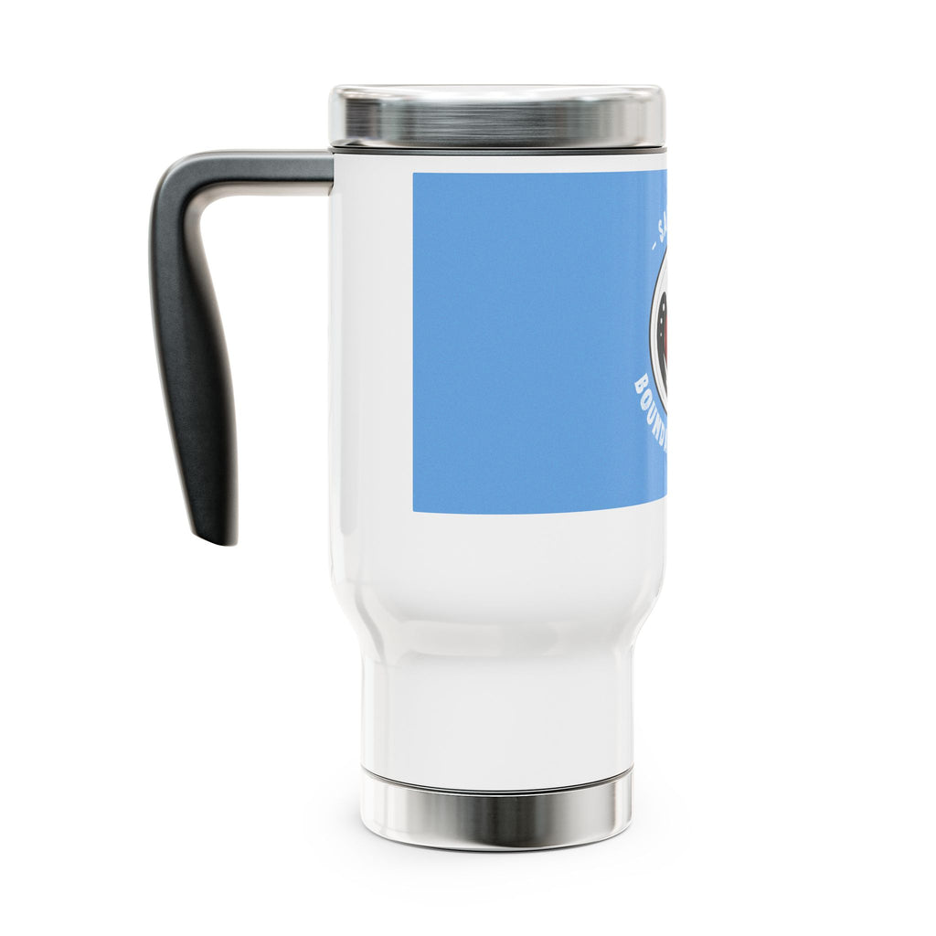 White travel mug showing full wraparound blue loon design.