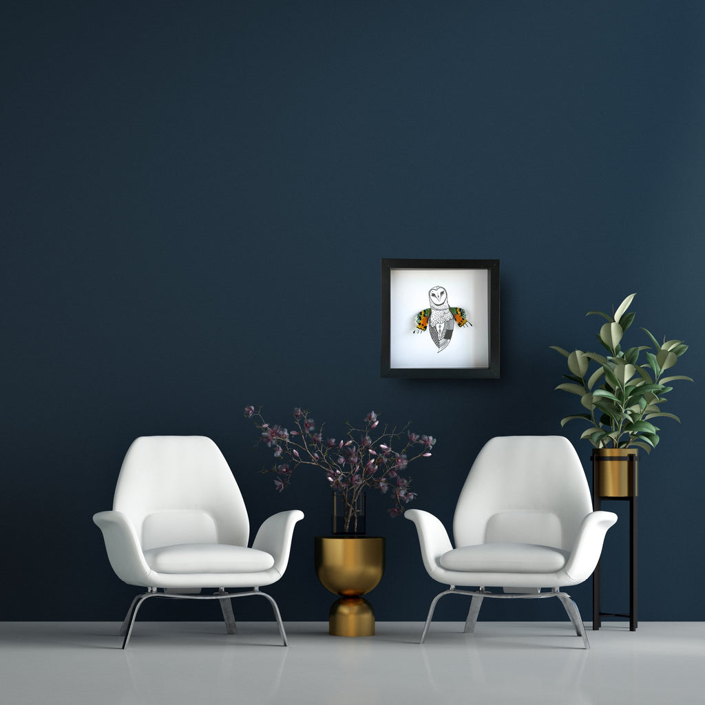 Barn Owl Custom Framed Art with Real Butterfly Wings - Isms Butterfly Conservation ArtFramed Art