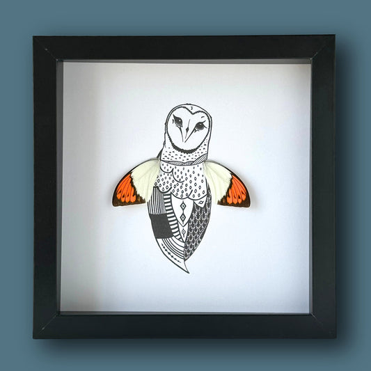 Barn Owl Custom Framed Art with Real Butterfly Wings - Isms Butterfly Conservation ArtFramed Art