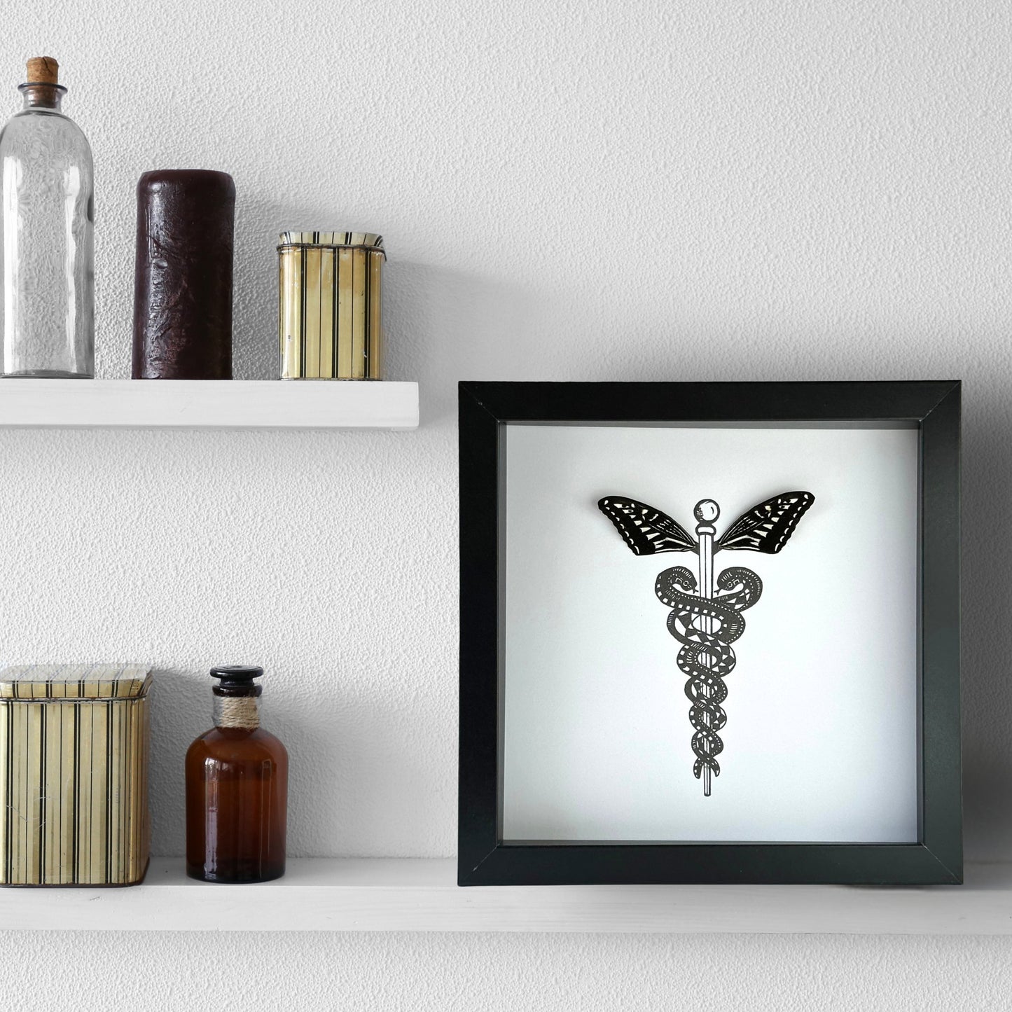 Caduceus Medical Symbol Custom Framed Art with Real Butterfly Wings - Isms Butterfly Conservation ArtFramed Art