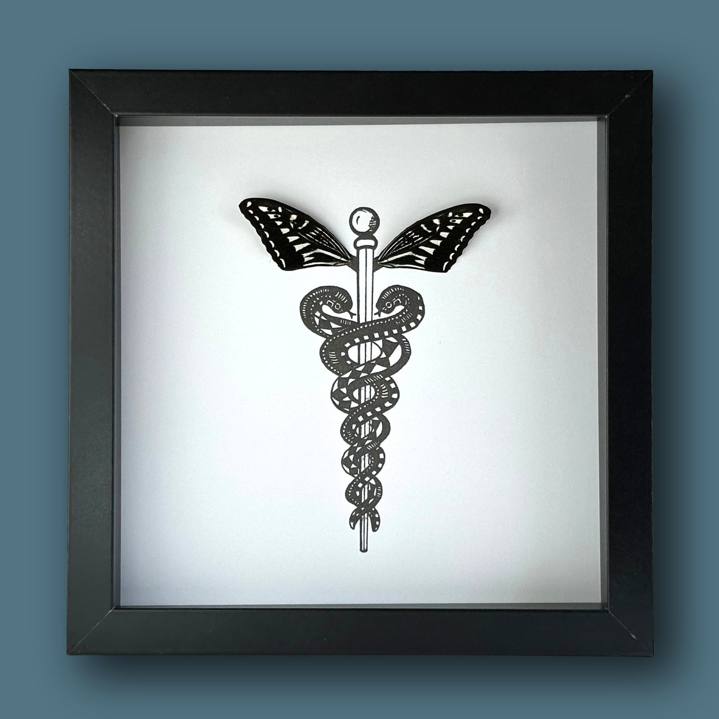 Caduceus Medical Symbol Custom Framed Art with Real Butterfly Wings - Isms Butterfly Conservation ArtFramed Art