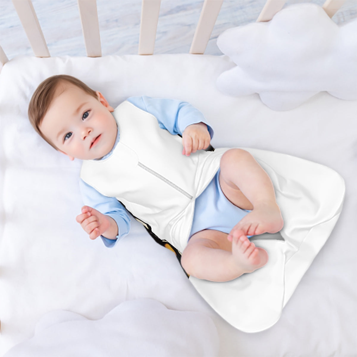 changing-view-white-baby-sleep-sack-monarch-wing-illustration-on-back-infant-model-on-white-bedding