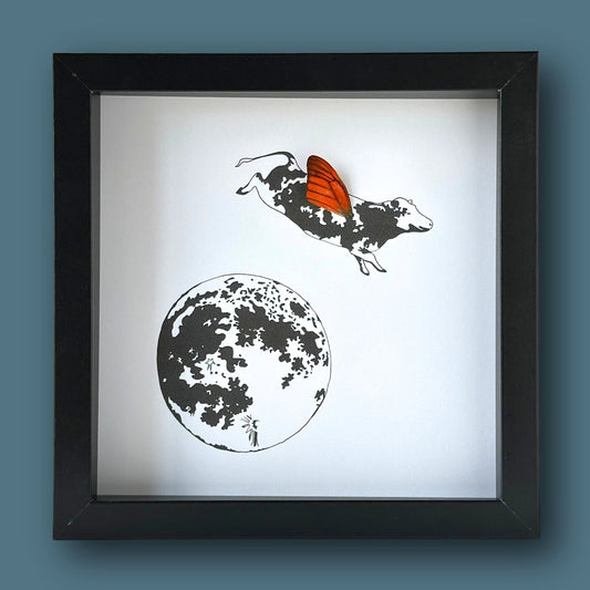 Cow Jumped Over the Moon Custom Framed Art with Real Butterfly Wing - Isms Butterfly Conservation ArtFramed Art