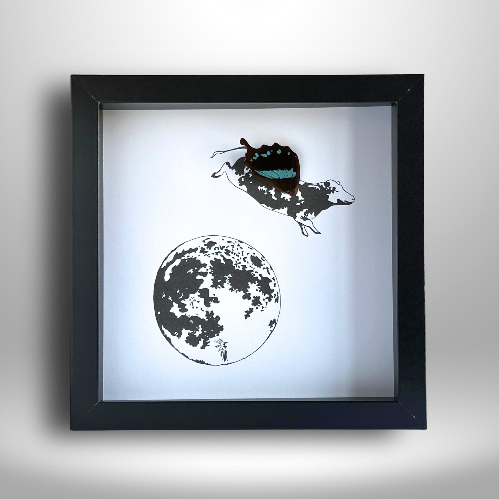 Cow Jumped Over the Moon Custom Framed Art with Real Butterfly Wing - Isms Butterfly Conservation ArtFramed Art