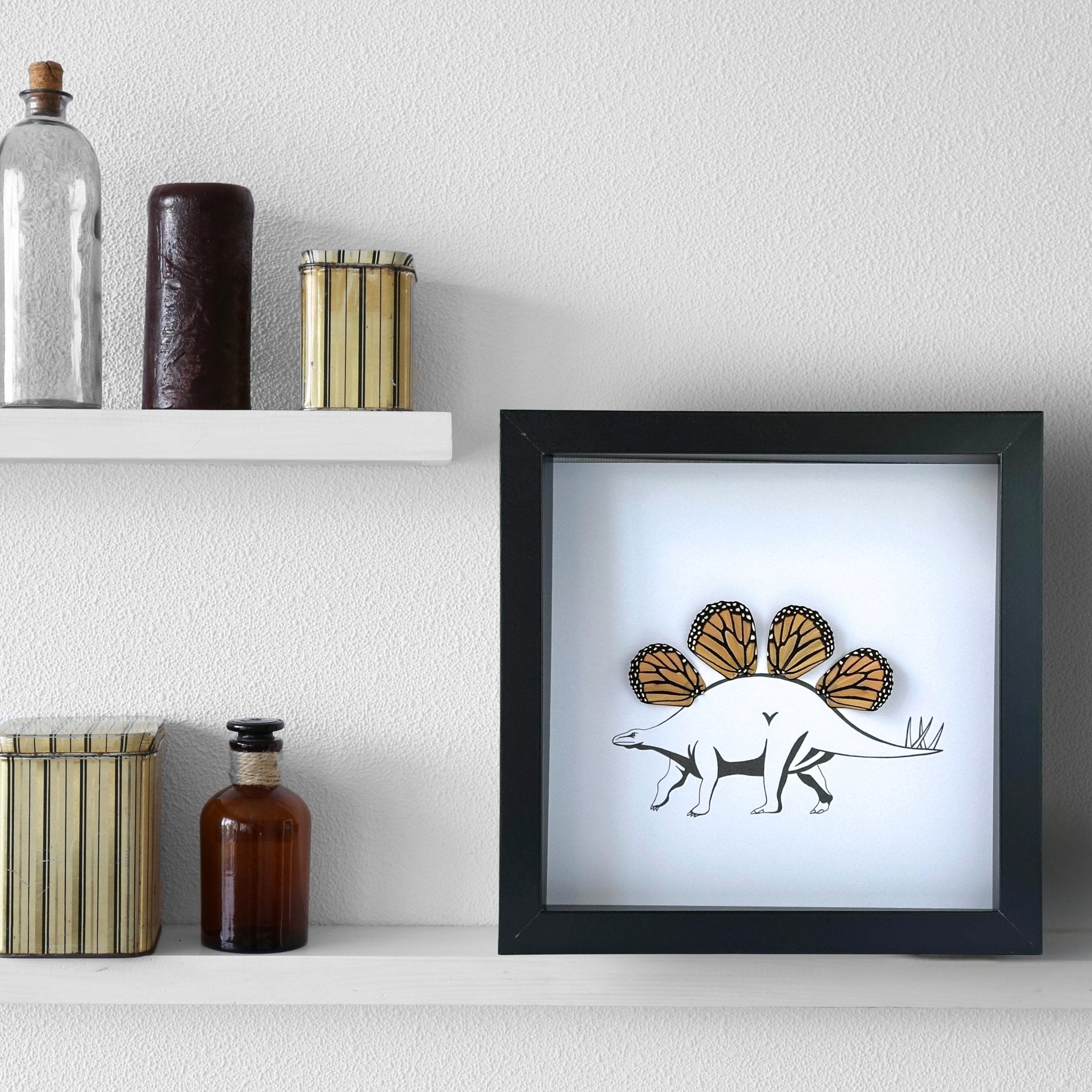 Dinosaur Stegosaurus Custom Framed Art with Real Butterfly Wings - Isms Butterfly Conservation ArtFramed Art